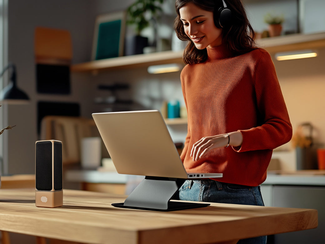 Mulher em pé diante do notebook ao lado de um microfone SOVA R1 creme