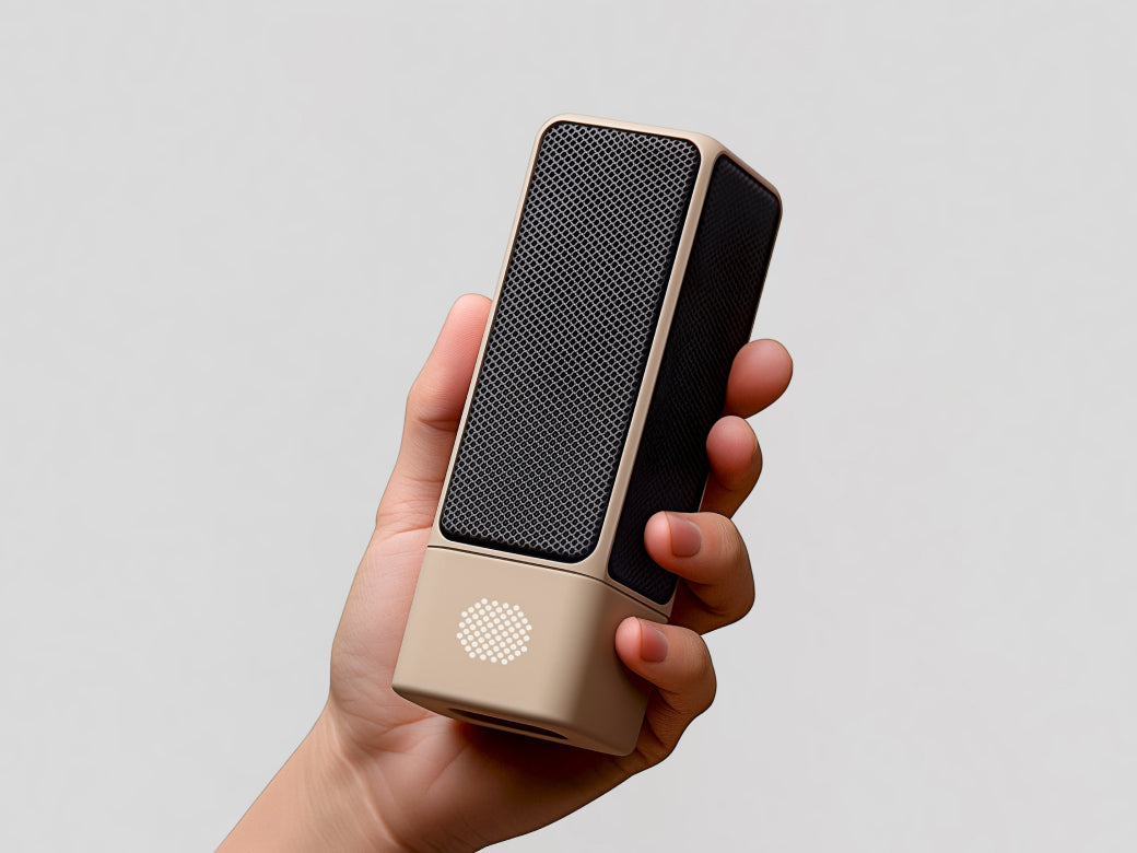 Mão apresentando um microfone SOVA R1 creme
