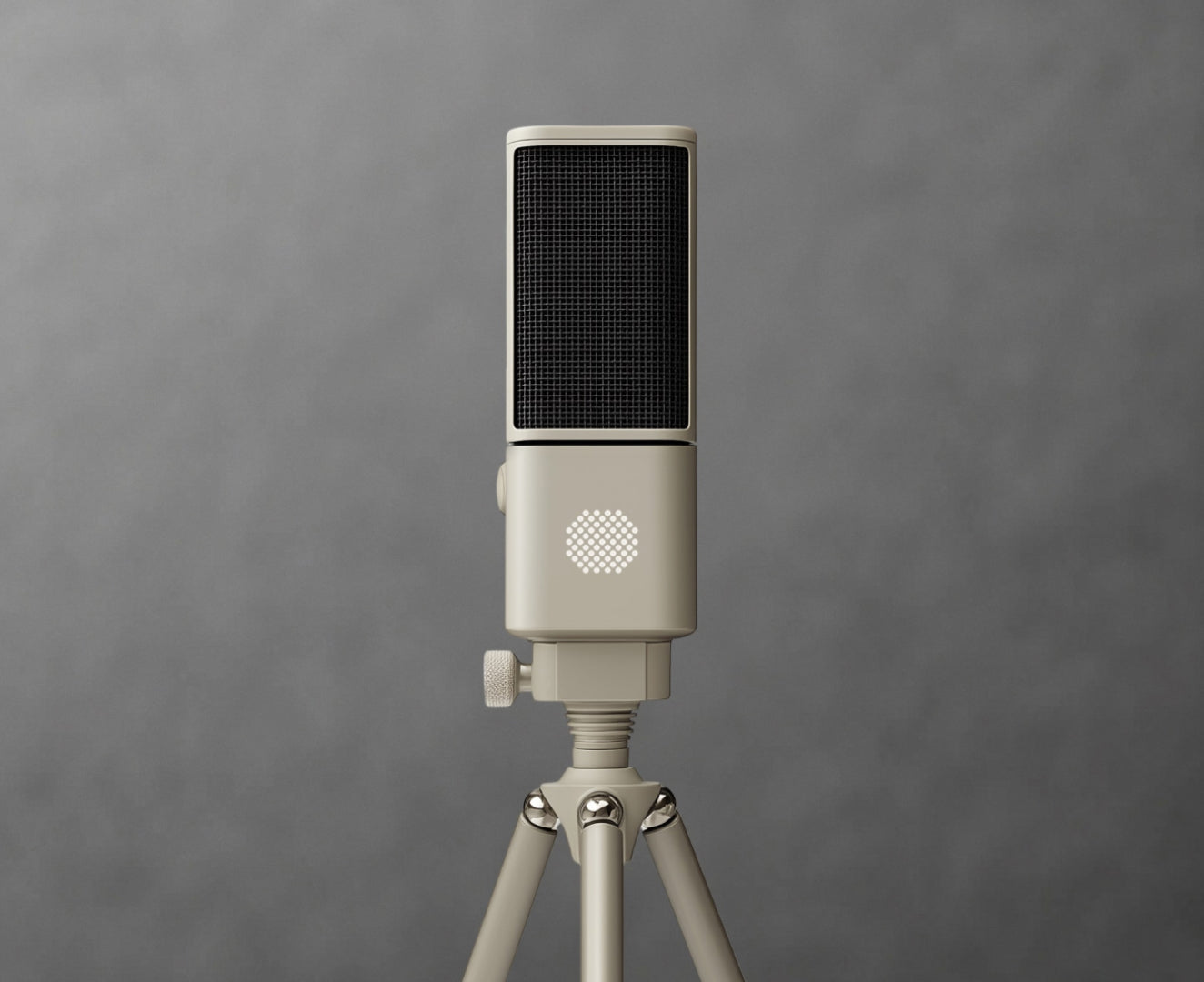 Microfone SOVA R1 creme montado em um tripé