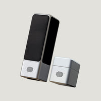 Silver SOVA R1 microphone and amplifier angled together