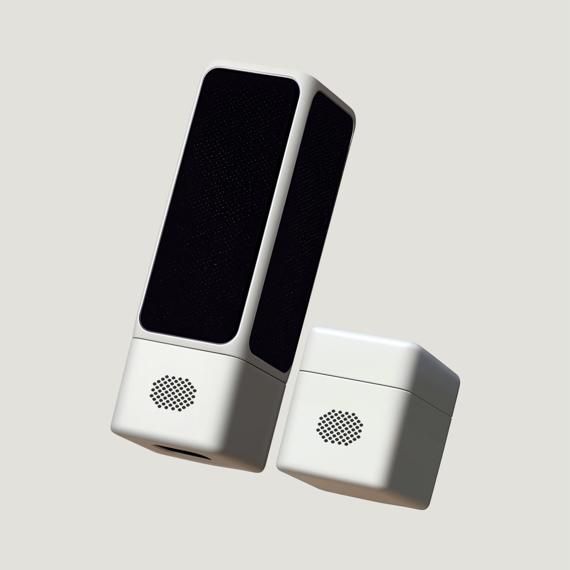 White SOVA R1 microphone and amplifier angled together