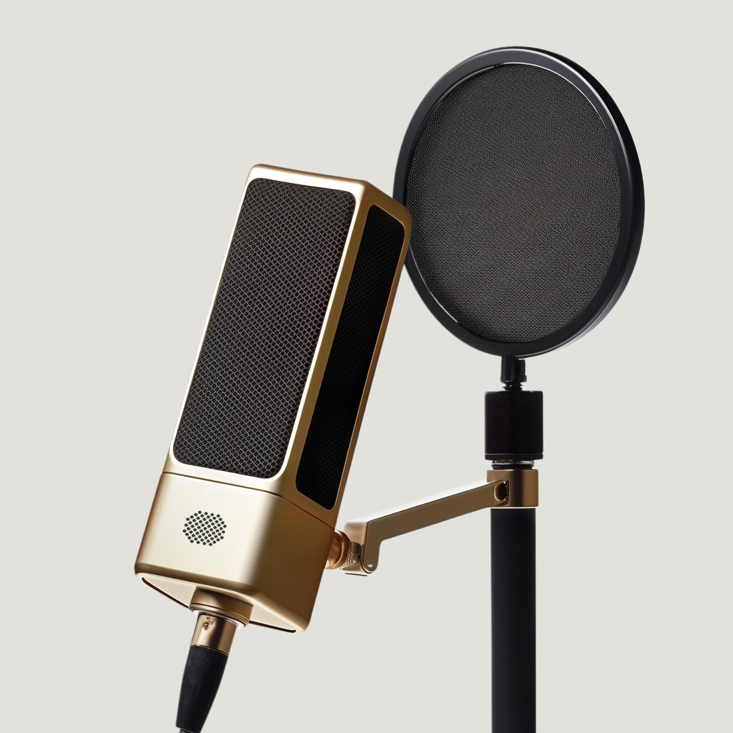 Cream SOVA R1 microphone behind a round pop filter