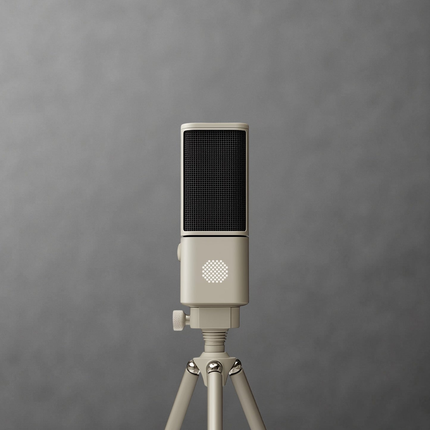 Close-up of a cream SOVA R1 microphone on a tripod against gray