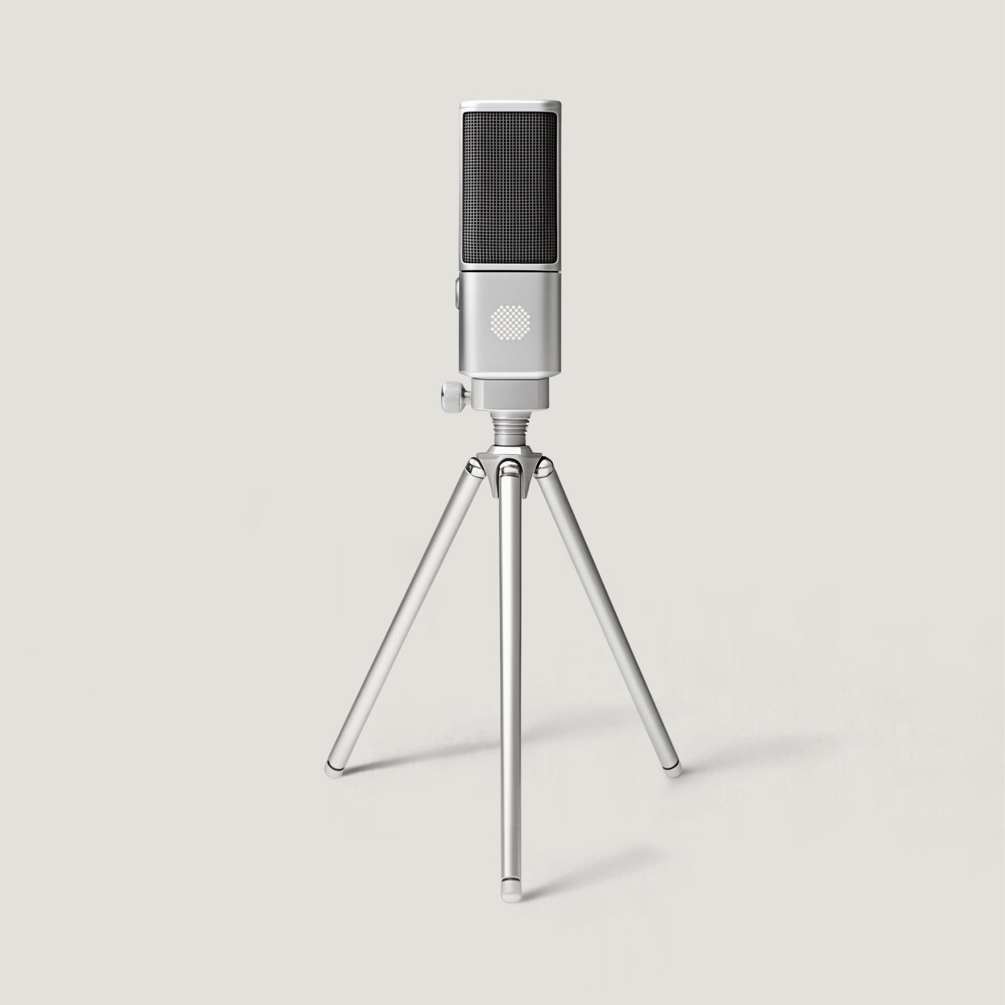 Silver SOVA R1 microphone on an extended tabletop tripod