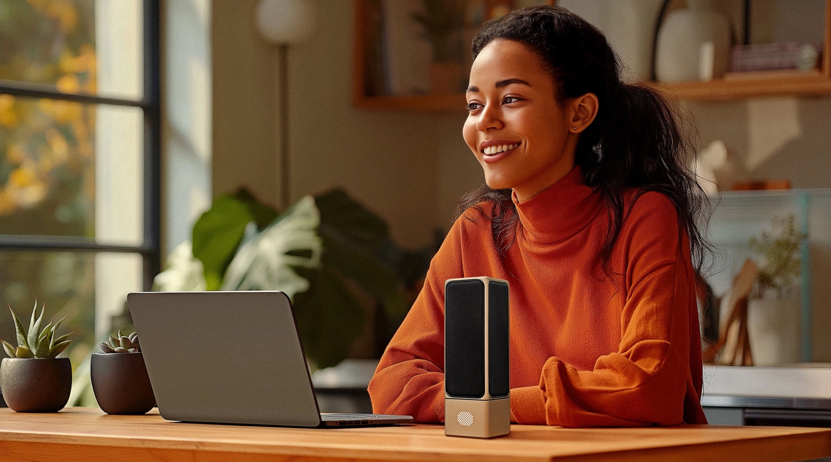 Mulher sorridente ao notebook ao lado de um microfone SOVA R1 creme